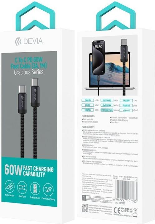 Image du produit Devia câble Gracious EC646 PD USB-C - USB-C 1,0 m 60W 3A noir (1 m, 60 W)