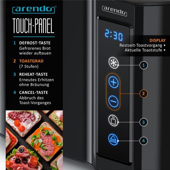 Produktbild Arendo Toaster Edelstahl 2 Scheiben Kurzschlitz, Brötchenaufsatz, Display mit Restzeitanzeige, Touchpanel