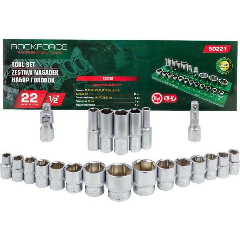 GCS, Chiave a bussola + esagonale, ROCKFORCE NASADKI KRÓTKIE 12-KĄT. 22szt.1/2" 10-32mm /WKŁADKA/PÓŁKA (32 mm, 19 mm, 12 mm, 24 mm, 14 mm, 22 mm, 16 m