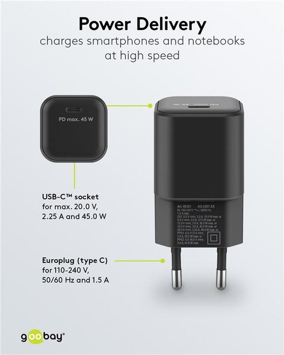Actual product image Goobay USB C Nano Quick Charger with GaN technology (45 W)