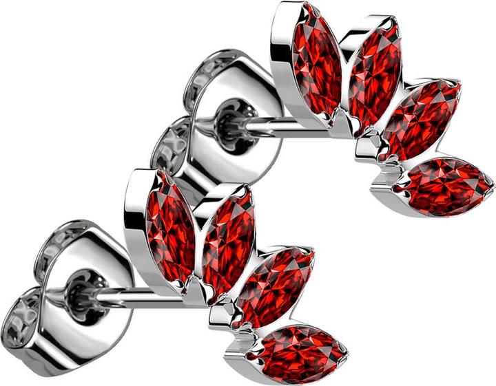 Actual product image Star Piercing Threadless stud earrings silver fan with four crystals red (without brass, Titanium)