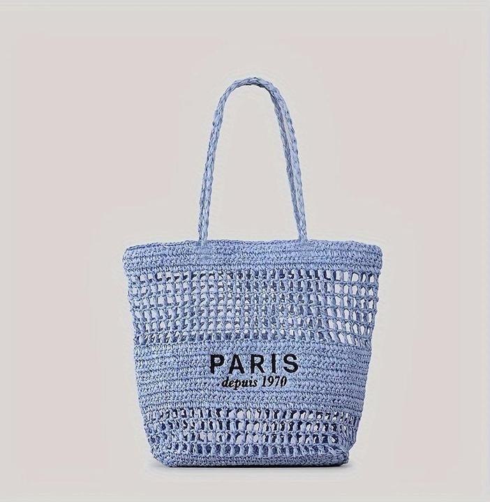 Produktbild Only-Bags.Store Ausgehöhlte Stroh gewebte Einkaufstasche, modische Stickerei-Buchstaben-Umhängetasche, Strandtasche