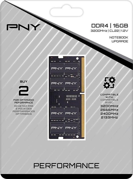 Productafbeelding PNY Notebook geheugen Performance, SODIMM, DDR4, 16 GB, 3200 MHz, CL22 (MN16GSD43200-TB) (1 x 16GB, 3200 MHz, DDR4 RAM, SO-DIMM)