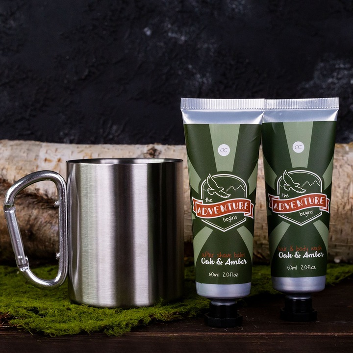 Actual product image Accentra ADVENTURE COLLECTION bath set in stainless steel cup (350ml) with carabiner handle, incl. 60ml (Manicure set)
