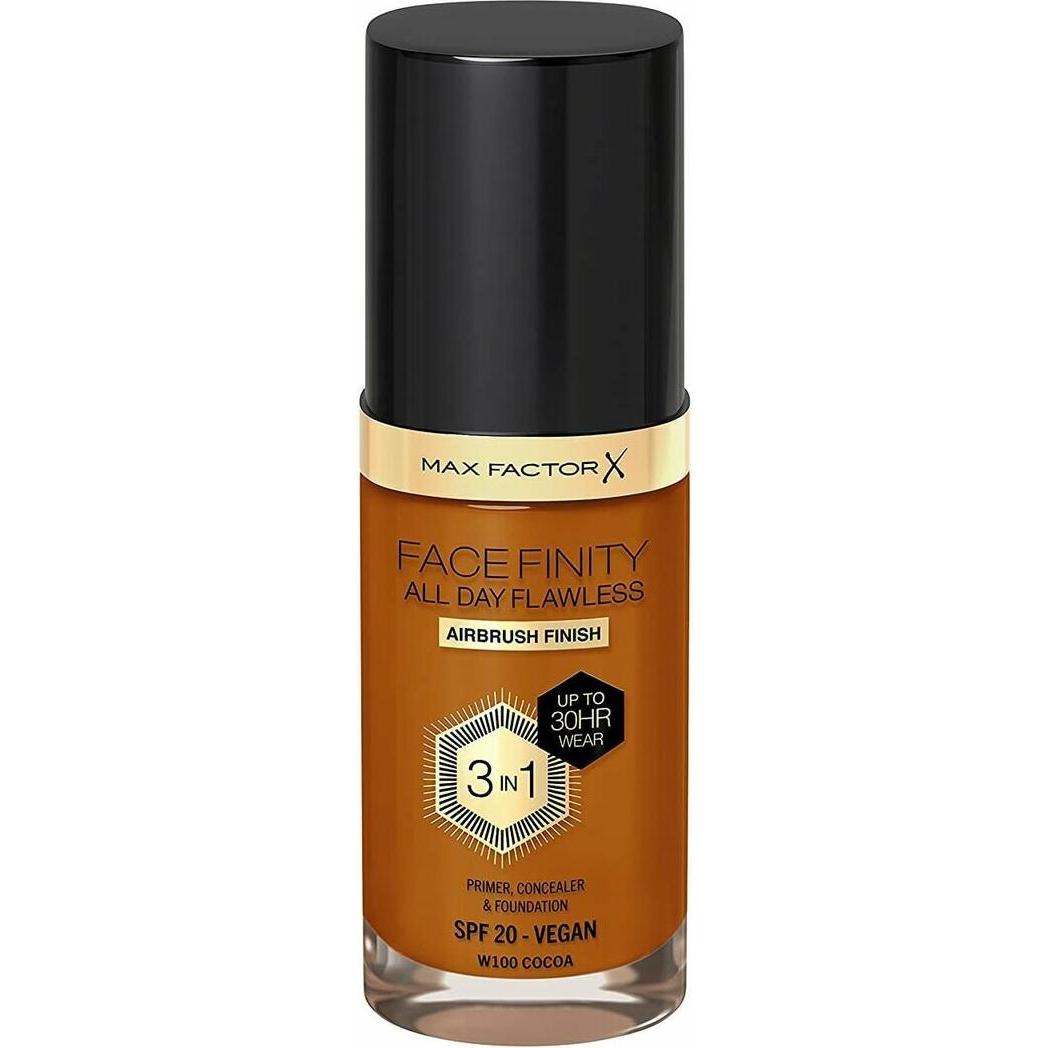 Max Factor, Foundation, Facefinity 3-in-1 All Day Flawless Foundation SPF 20 100 Cocoa 30ml (W100 Cocoa)