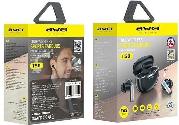 Actual product image Awei słuchawki Bluetooth 5.3 T50 TWS + stacja dokująca czarny/black (ANC, DNC, 6 h, Wireless)