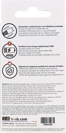 Nährwerte und Zutaten T'nB CÂBLE USB-C - LIGHTNING M/M 1,5M (NOIR/GRIS) (1.50 m)