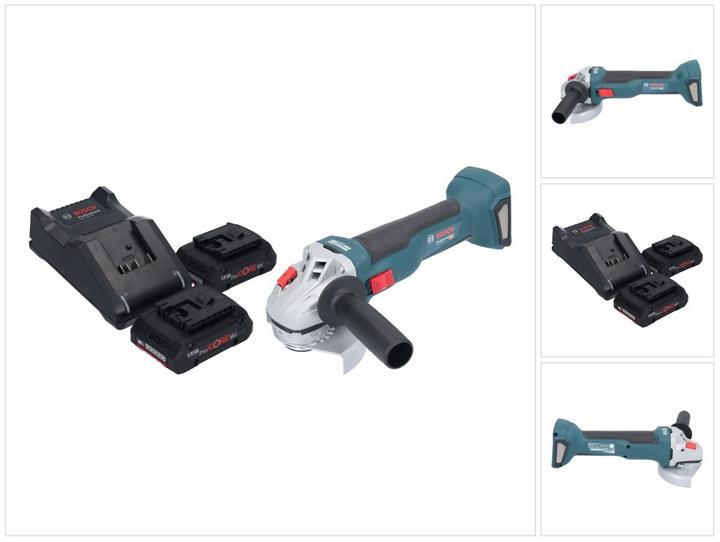 1x Bosch GWS 18V-10 Professional Meuleuse d'angle sans fil, 1x écrou de serrage rapide, 1x capot de protection, 1x flasque de fixation, 2x Bosch GBA 18 V 4,0 Ah ProCORE Batterie à insertion, 1x Bosch GAL 18V-40 Chargeur de batterie
