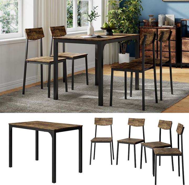 Produktbild Vicco Esstischset Fyrk, Schwarz/Eiche rustikal, 110 x 70 cm mit 4 Stühlen (110 x 75 x 70 cm)