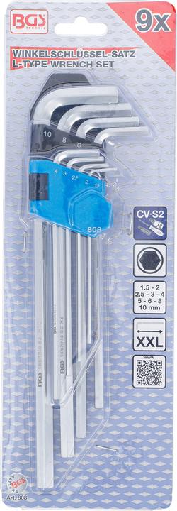 Image du produit BGS Jeu de clés allen extra longues six pans intérieurs 1,5 - 10 mm, 9 pièces (Clé Allen)