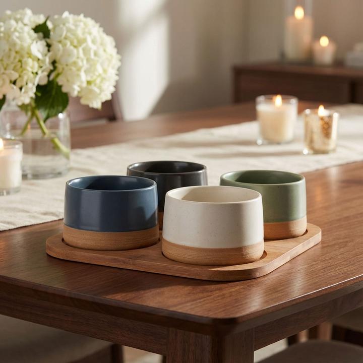 Excellent Houseware Edles Schalen-Set 5-tlg: Dunkles Bambus-Tablett & 4 Bunte Dipschalen aus Steinzeug