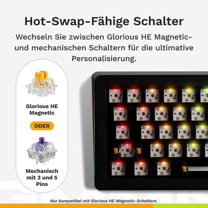 Immagine prodotto Glorious GMMK 3 HE 65% Tastiera da gioco personalizzata - Pre-costruita, ISO (DE), interruttori Fox HE, nero (DE, Cablato)