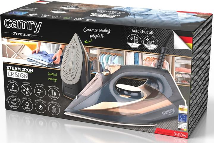 Actual product image Camry Steam Iron CR 5036 3400 W, Water tank capacity 360 ml, Continuous steam 50 g/min, Black/Gold (3400 W, 95 g/min)