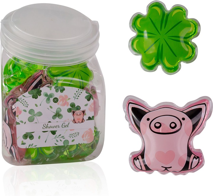 Actual product image Accentra Mini shower gel "VIEL GLÜCK", 50ml, 2 assorted motifs: Piglet / Shamrock, fragrance: White Tea