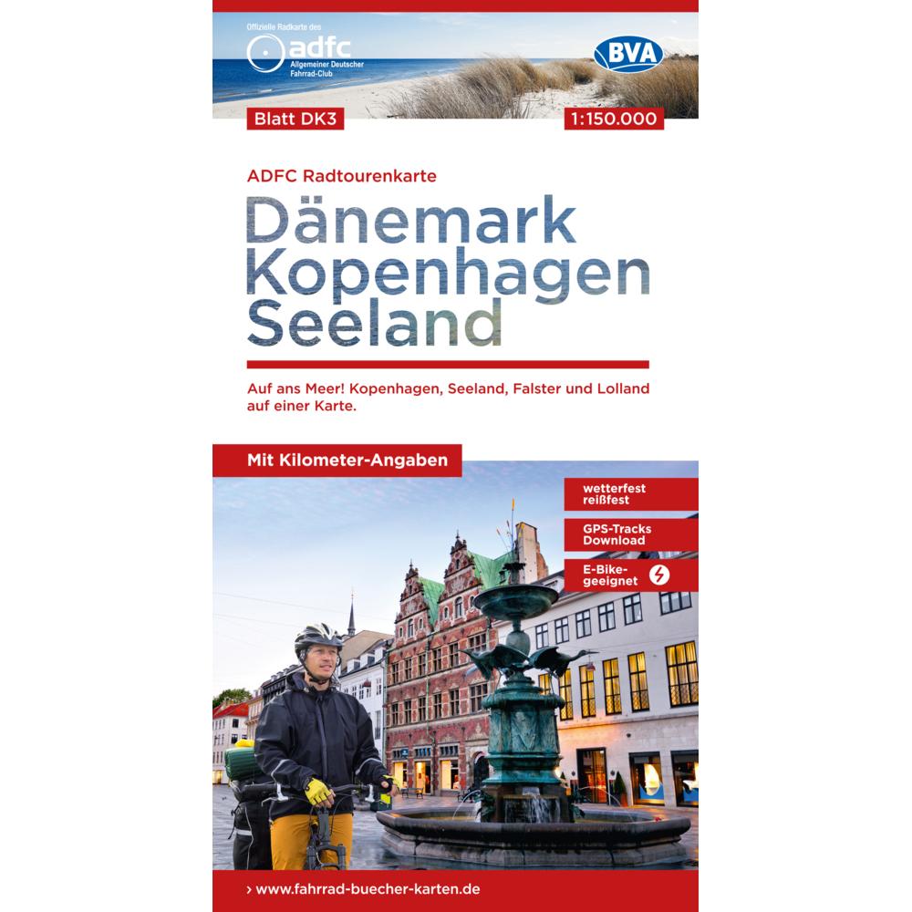 ADFC-Radtourenkarte DK3 Dänemark/Kopenhagen/Seeland 1:150.000, reiss- und wetterfest, E-Bike, Landkarte