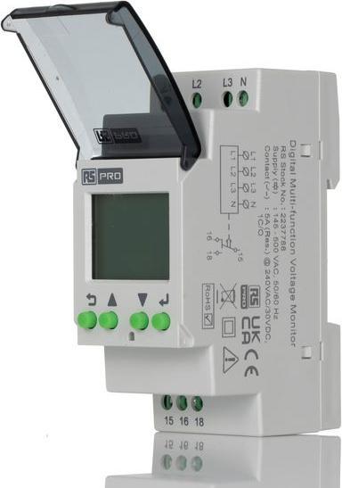 Actual product image RS PRO Monitoring relay, for phase, voltage 3-phase, 1 changeover contact Overvoltage protection,