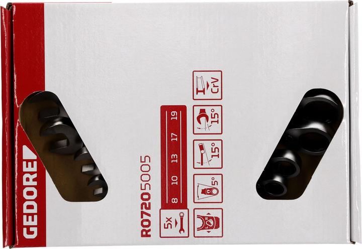 Actual product image Gedore Red Combination ratchet open-end wrench set reversible. metric 5 pieces (19 mm, 8 mm, 15 mm, 7 mm, 10 mm)