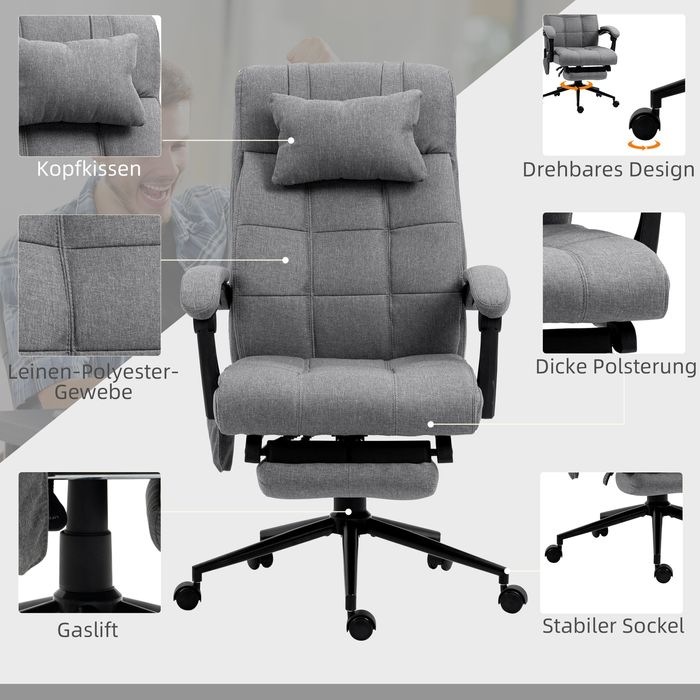 Produktbild Swisshandel24 Bürostuhl mit Massagefunktion, ergonomisch, Lendenheizung, Fussstütze, Kopfstütze, Polyester, Grau