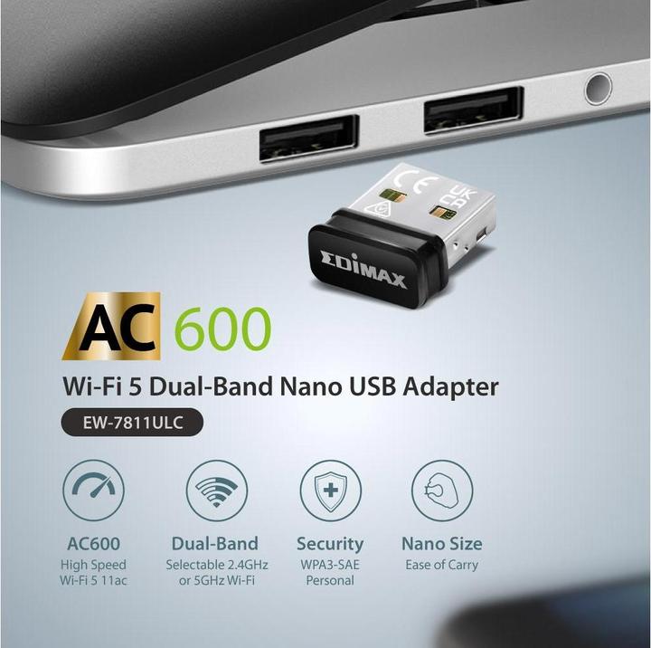 Actual product image edimax AC600 Wi-Fi 5 Nano USB Adapter EW-7811ULC Wireless (USB)