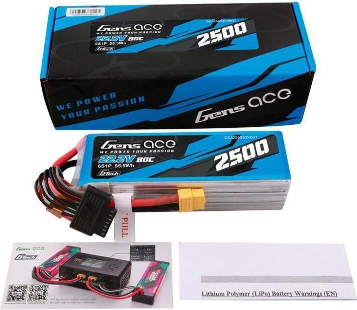 Immagine prodotto Gens Ace Batteria Lipo G-Tech 2500mAh 22.2V 80C 6S1P con connettore XT60 (22.20 V, 2500 mAh)