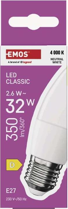Image du produit Emos Lampe LED Classic Candle / E27 / 2,6 W (25 W) / 350 lm / Blanc neutre (E27, 350 lm, 1 x)