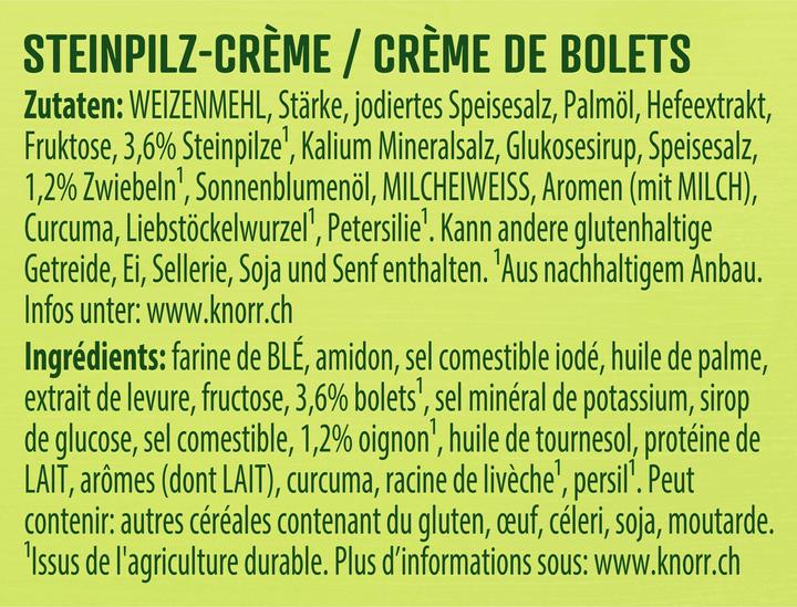 Nährwerte und Zutaten Knorr Steinpilz-Crème Suppe Beutel, Pilzsuppe mit feinen Steinpilzen, crèmig & mit Zwiebeln abgeschmeckt