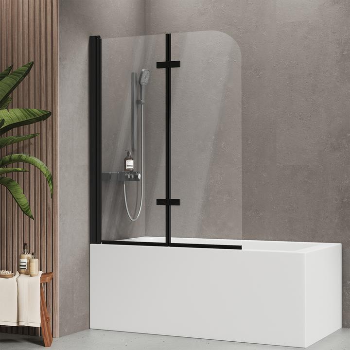 Produktbild Emke Duschwand für Badewanne 110x140cm Glas-Duschwand, 2-teilig Faltbar, Leicht zu Reinigen, Schwarz (110 cm, 110 cm, 140 cm)
