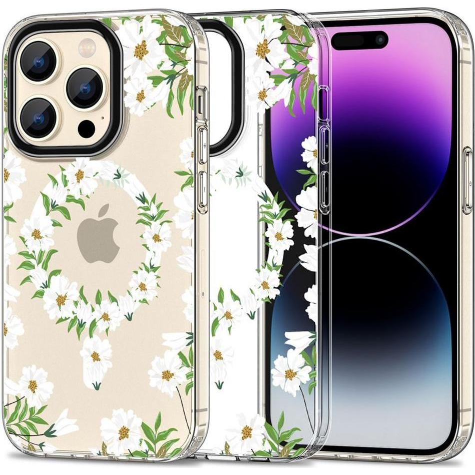 Tech-Protect MagMood MagSafe case for iPhone 15 Pro - white daisies (Apple iPhone 15 Pro), Smartphone Hülle, Weiss