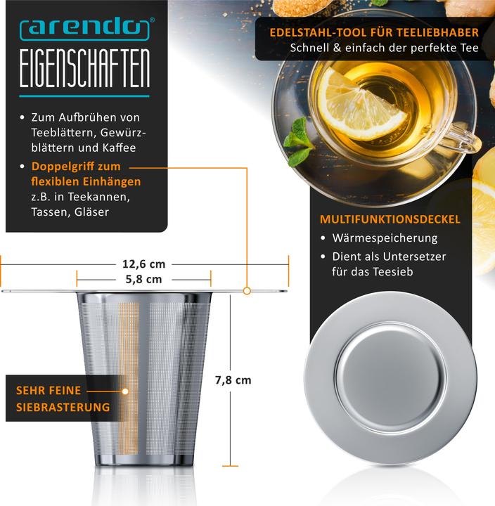 Produktbild Arendo Teesieb, Edelstahl, Doppelgriff & Multifunktionsdeckel, für Kannen & Tassen, Teefilter, Kräutersieb