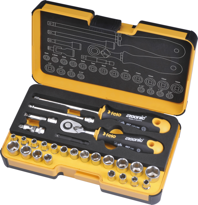 Produktbild Felo R-GO 27- Werkzeugsatz 1/4 mit ERGONIC Ratsche undZubehör in XL-Strongbox 27-tlg (9/32")