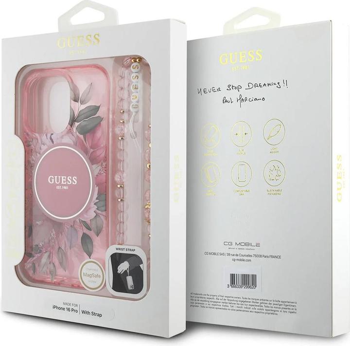 Produktbild Guess GUHMP16LHFWBRCESP iPhone 16 Pro 6.3" różowy/pink hardcase IML Flowers With Pearl Strap MagSafe (Apple iPhone 16 Pro)