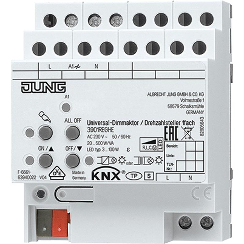 JUNG, Attuatore, Attuatore dimmerabile KNX 20-500W REG 4TE 1uscita 3901REGHE (Attuatore dimmerabile)