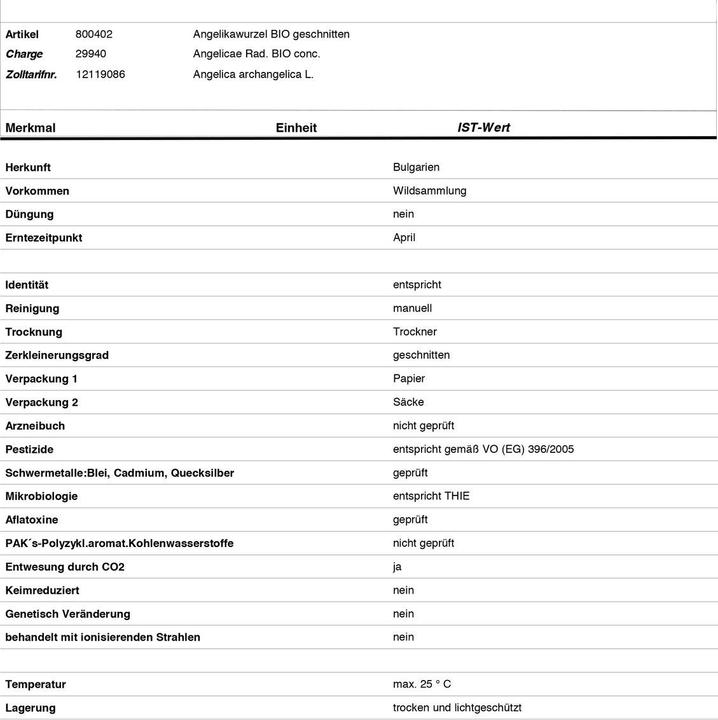 Nährwerte und Zutaten Zimmerli Adaptogene Angelika Tee (BIO) (100 g)