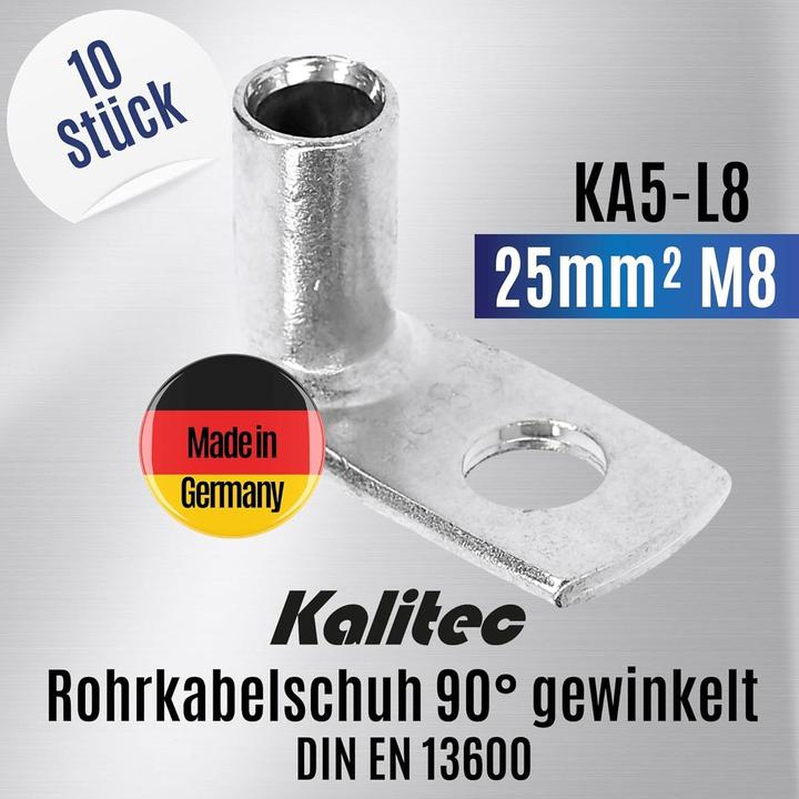 Actual product image Kalitec 10 pieces KA5-L8 Commercially available tubular cable lugs angled 25mm² M8 I without viewing hole I