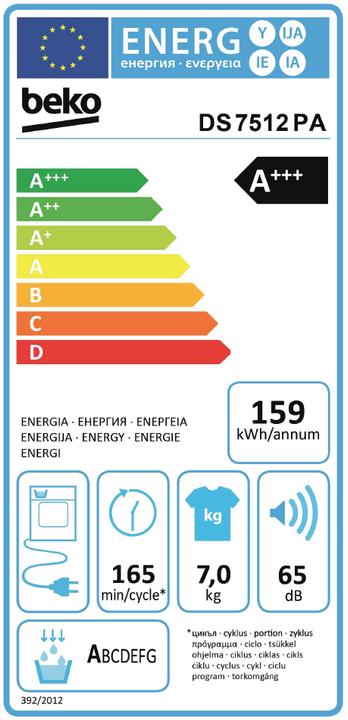 Label énergétique Beko DS7512PA (7 kg, Droite)
