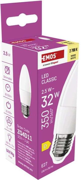 Image du produit Emos Lampe LED Classic Candle / E27 / 2,5 W (32 W) / 350 lm / Blanc chaud (E27, 350 lm, 1 x)