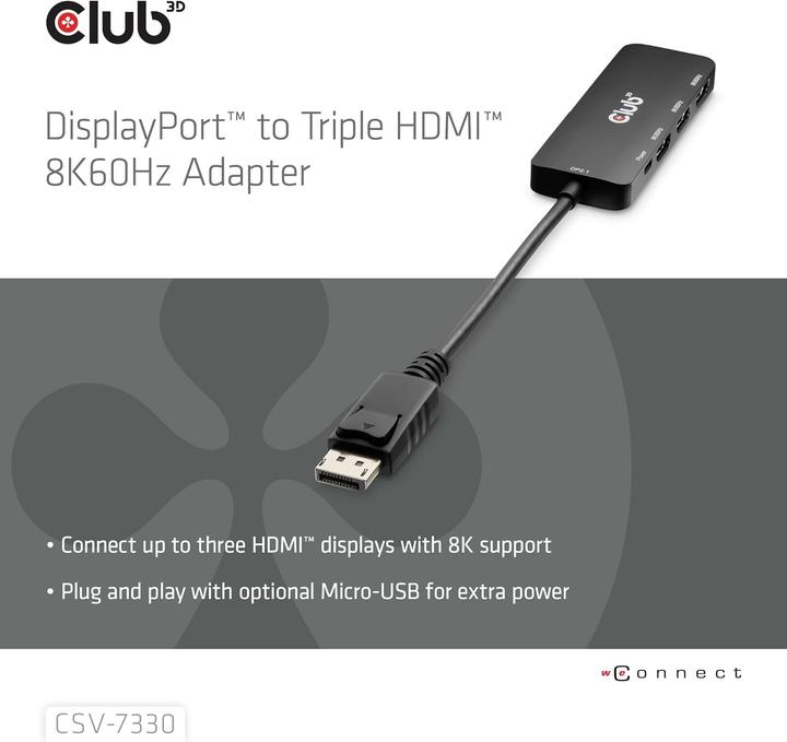 Produktbild Club 3D Club3D Adapter DisplayPort 2.1 > 3x HDMI 2.1 8K60Hz retail (HDMI, 14 cm)