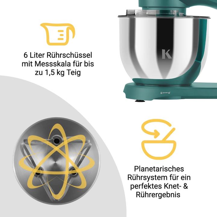 Image du produit KLAMER Küchenmaschine, Knetmaschine mit 6 Liter Edelstahl Schüssel (1800 W)