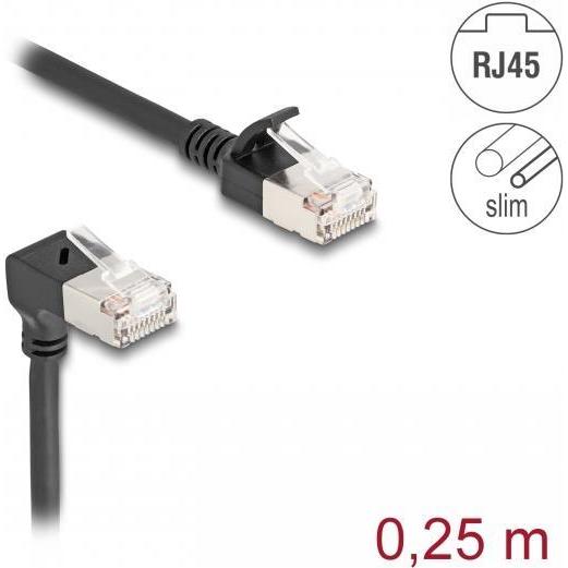 Thumbnail - Delock RJ45 Netzwerkkabel Cat.6A S/FTP Slim 90° unten gewink (S/FTP, CAT6a, 0.25 m), Netzwerkkabel
