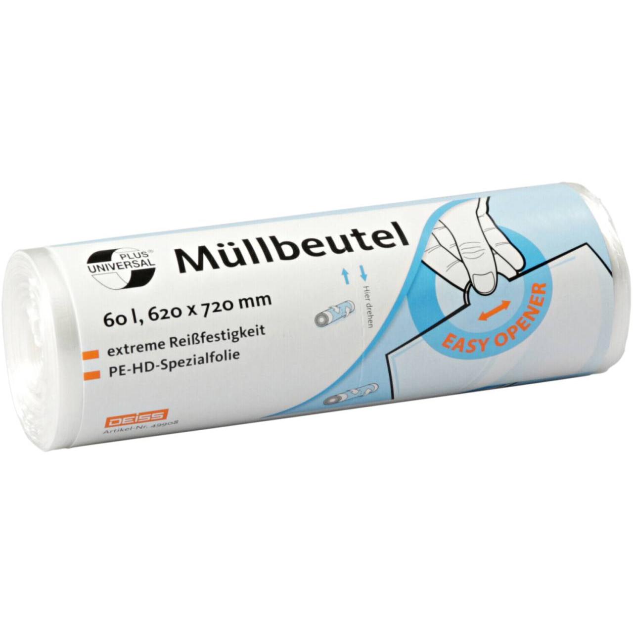 Deiss Müllbeutel 60l HDPE 620x720mm 50ST, Abfallsack, Transparent