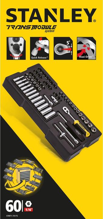 Produktbild Stanley Modul Steckschlüssel, Transmodul System (1/4 Zoll, inklusive 60-teiligem Zubehör-Set, sicher