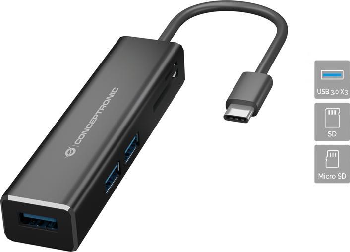 Produktbild Conceptronic DONN08B Schnittstellen-Hub USB 3.2 Gen 1 (3.1 Gen 1) Type-C 5000 Mbit/s Schwarz (USB-C, 3 Ports)