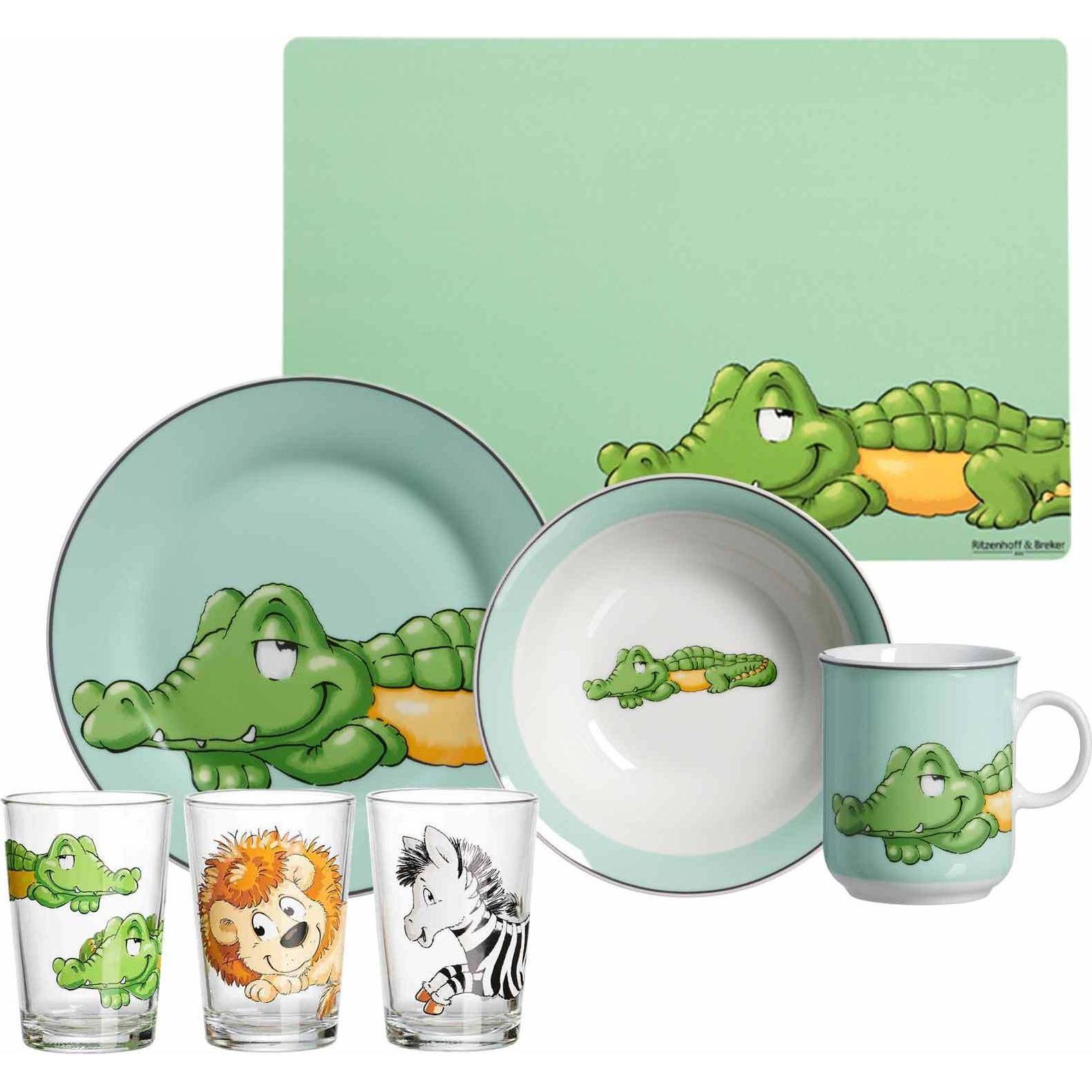Ritzenhoff & Breker, Kindergeschirr + Kinderbesteck, Geschirr-Set mit Kinderbecher Happy Zoo Krokodil
