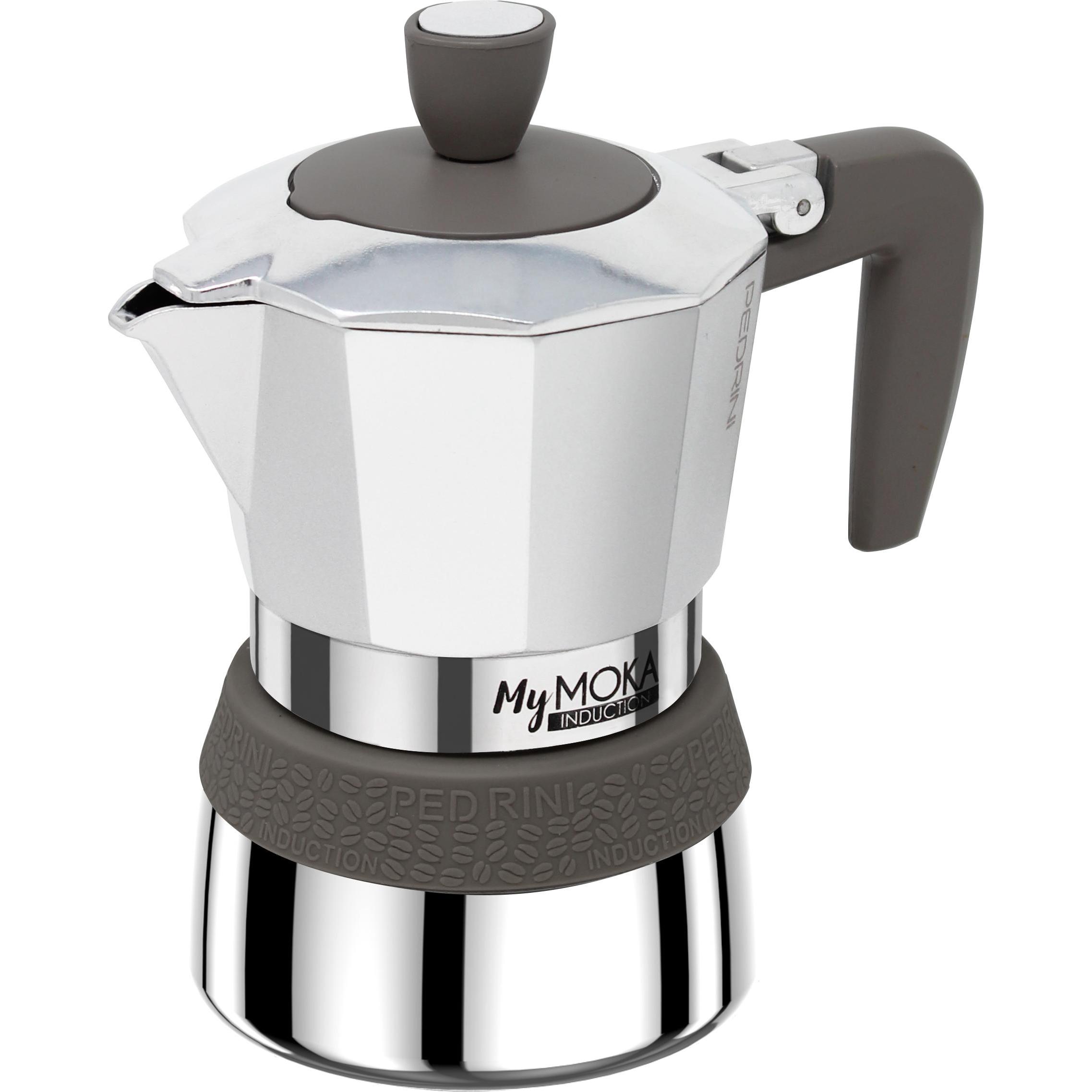 Pedrini MyMoka - Aluminium Induktion poliert / grauer Ring 3 Tassen, Espressokocher, Braun