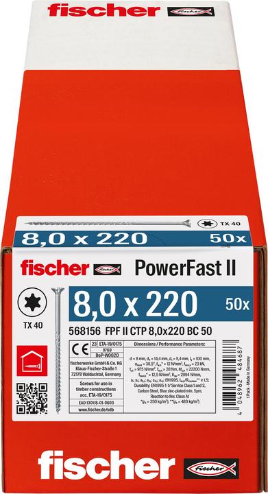 Etichetta energetica Fischer Viti da costruzione per legno a testa svasata Power Fast 8x220 mm TX40 vz. (50 Viti per pezzo)