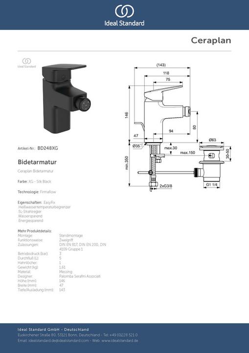 Image du produit Ideal Standard IDS Mélangeur pour bidet CERAPLAN silk black, saillie 94mm
