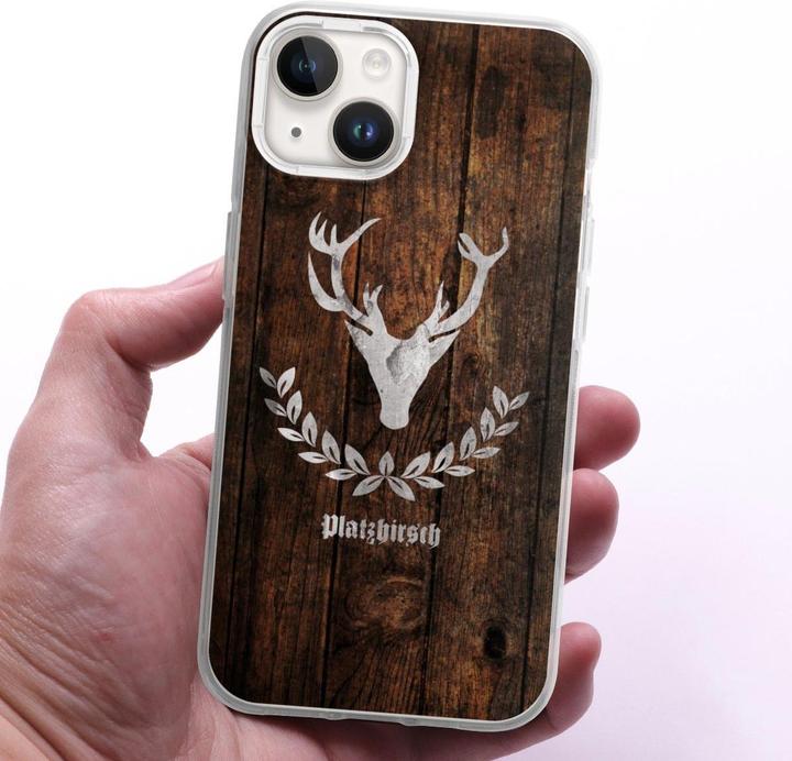 Produktbild DeinDesign Silikon Hülle für Apple iPhone 14 Handyhülle Case Smartphone Schutzhülle Hirsch Holz Holzoptik (Apple iPhone 14)