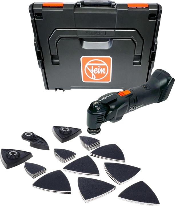 2x Delta Plateaux de ponçage non perforés 80 mm, 10x feuilles abrasives K80 pour doigts de ponçage, 10x feuilles abrasives K80 pour plateau de ponçage, 10x feuilles abrasives K120 pour plateau de ponçage, 1x doigt de ponçage, 1x boîte, 10x feuilles abrasives K60 pour plateau de ponçage, 10x feuilles abrasives K60 pour doigts de ponçage, 10x feuilles abrasives K120 pour doigts de ponçage, 1x L-BOXX 136, 1x Fein Multimaster sans fil AMM 500 Plus AS Outil multifonctionnel 18 V, 1x FEIN Best of Starlock Sanding Set d'accessoires de ponçage 63 pcs.