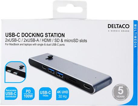 Produktbild Deltaco USB-C Dockingsstation USBC-HDMI21 2xUSB-C,2xUSB-A,(mic)SD,HDMI (USB-C, 7 Ports)