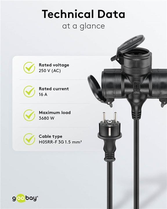 Image du produit Goobay Câble d'extension triple Outdoor, 10 m, noir (10 m, CEE 7/3)
